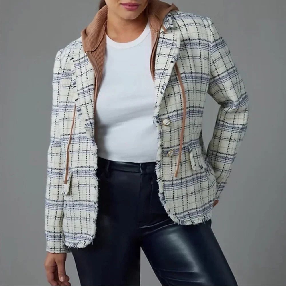Anthropologie Plaid Women's Jacket - Cream and Blue